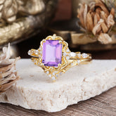 Vintage 4-Prong Emerald-Cut Amethyst Ring Set